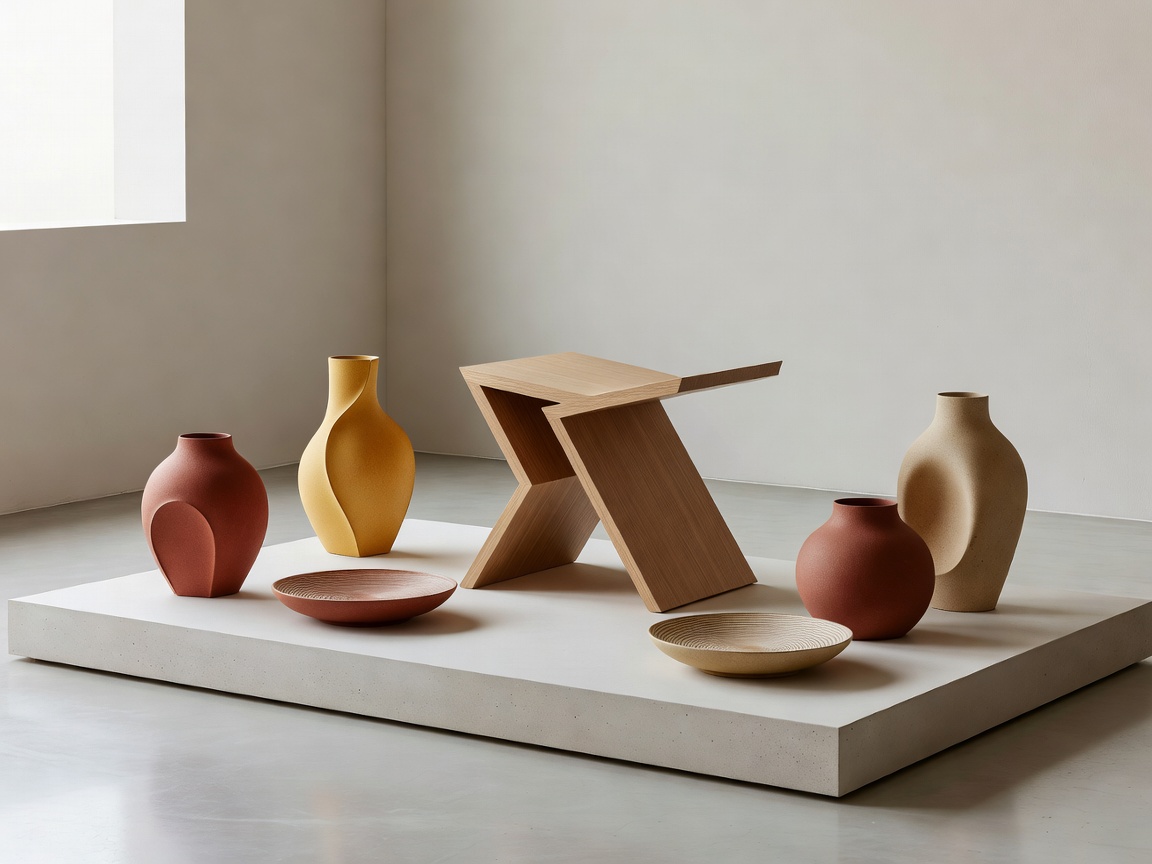 High-end modernist dynamic minimalist stool and warm ceramic art pieces on display