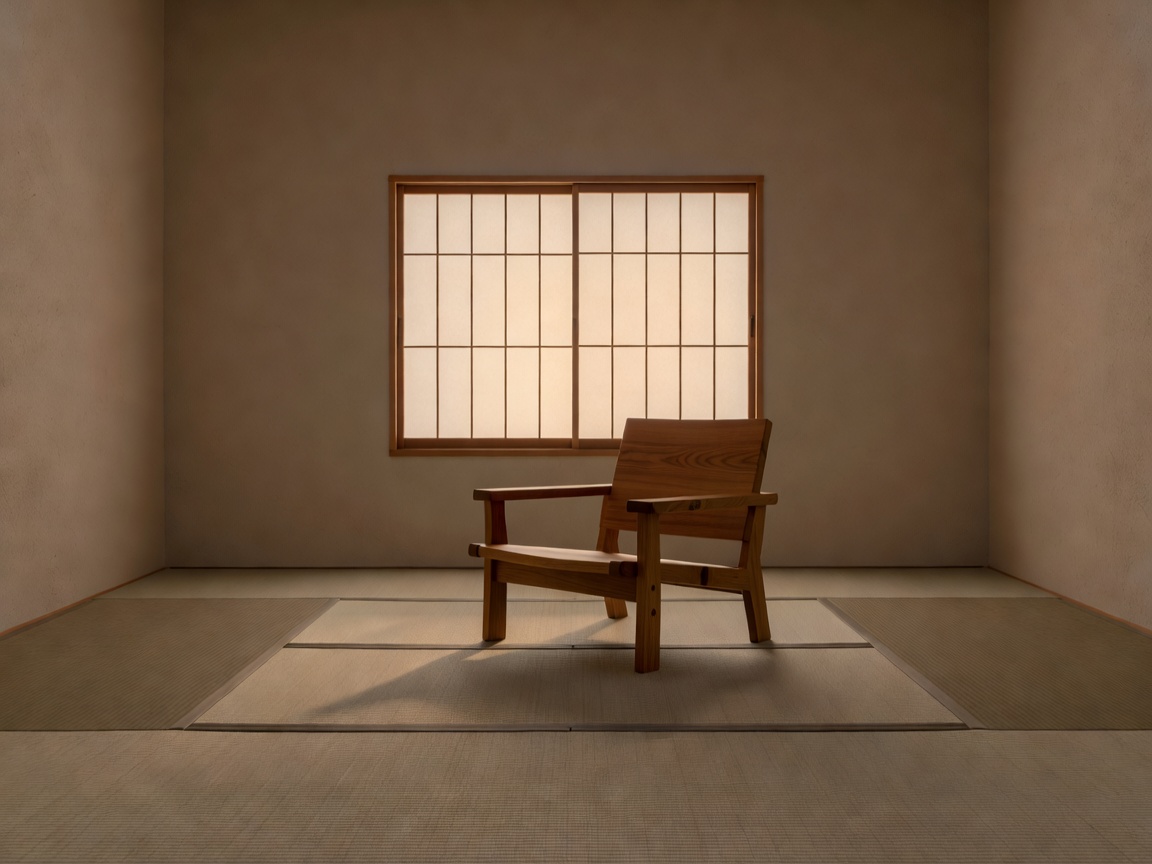 Minimalist Japanese interior with a single timber armchair in low warm light