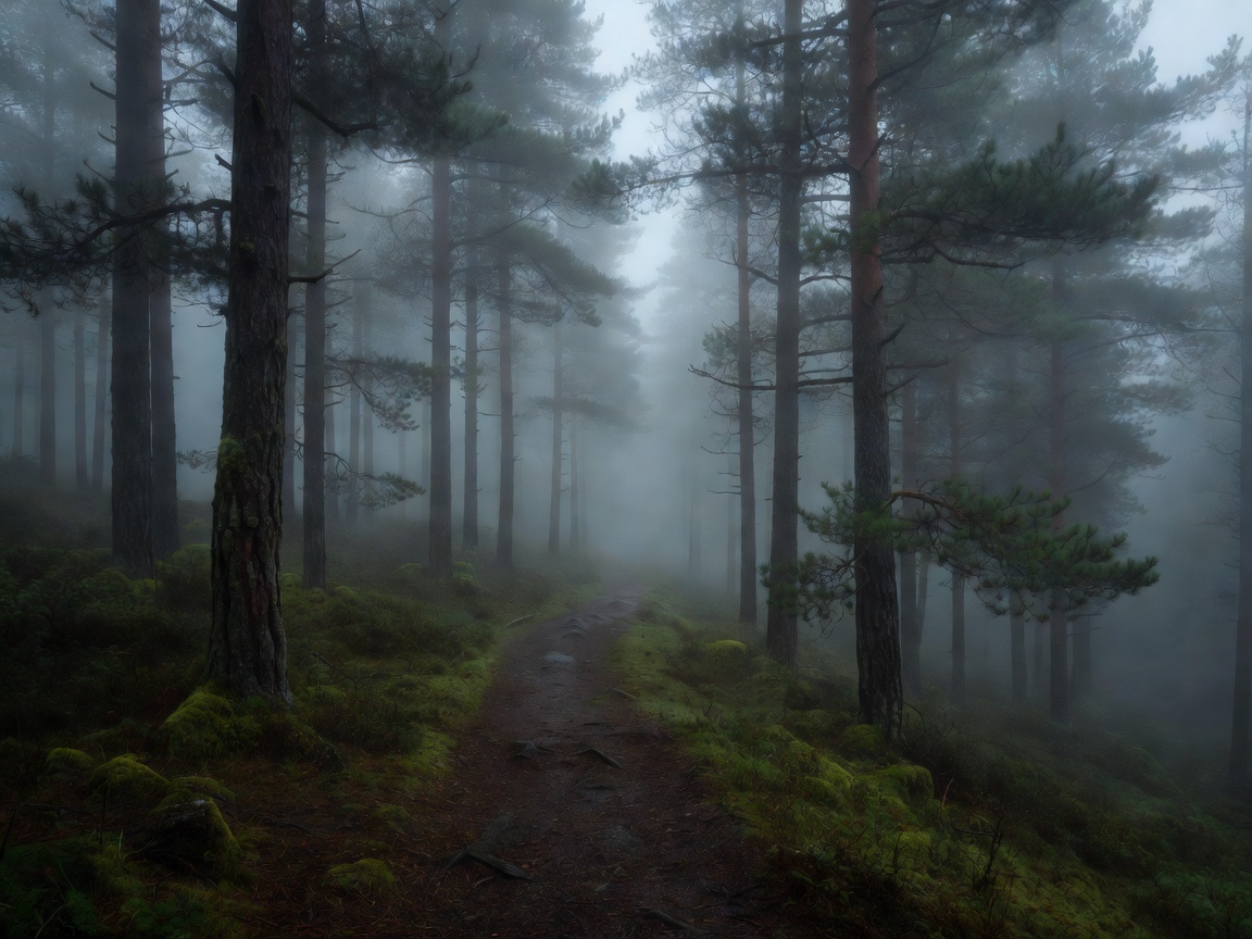 Quiet moody Nordic forest trail under dense gray fog with pine trees