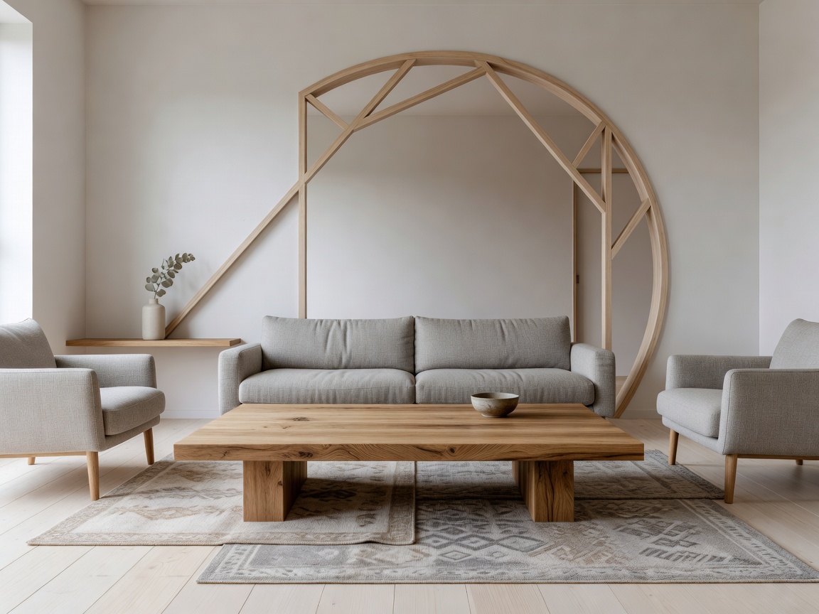 Scandinavian living space with a solid wood oak low table and geometric archway